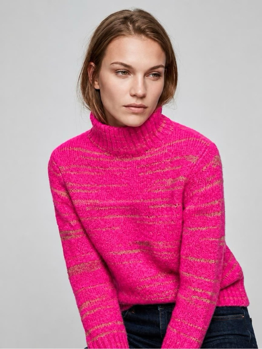Alpaca Wool Blend Chunky Pullover Mock Neck Hot Pink Barbie‎ Dopamine